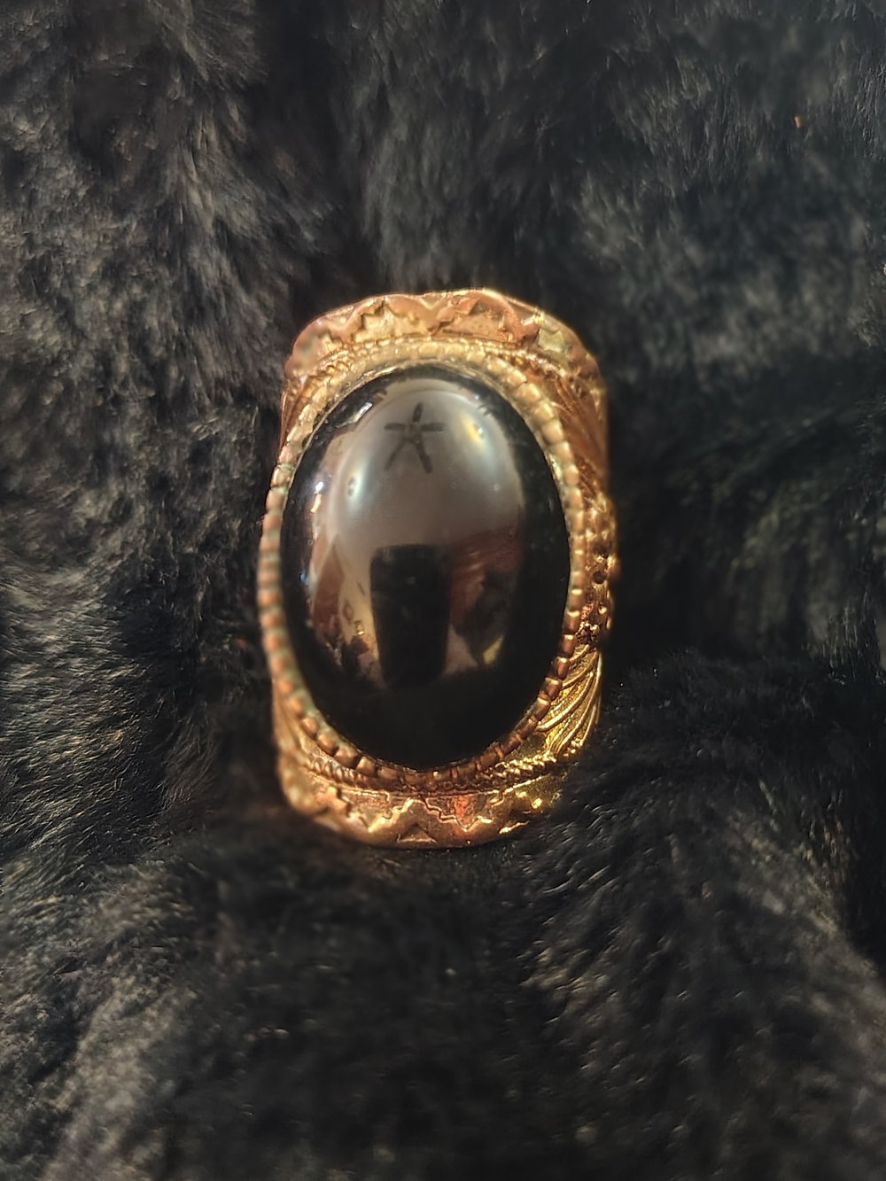 Gold Tone Scarf Ring with Large Black Cabochon